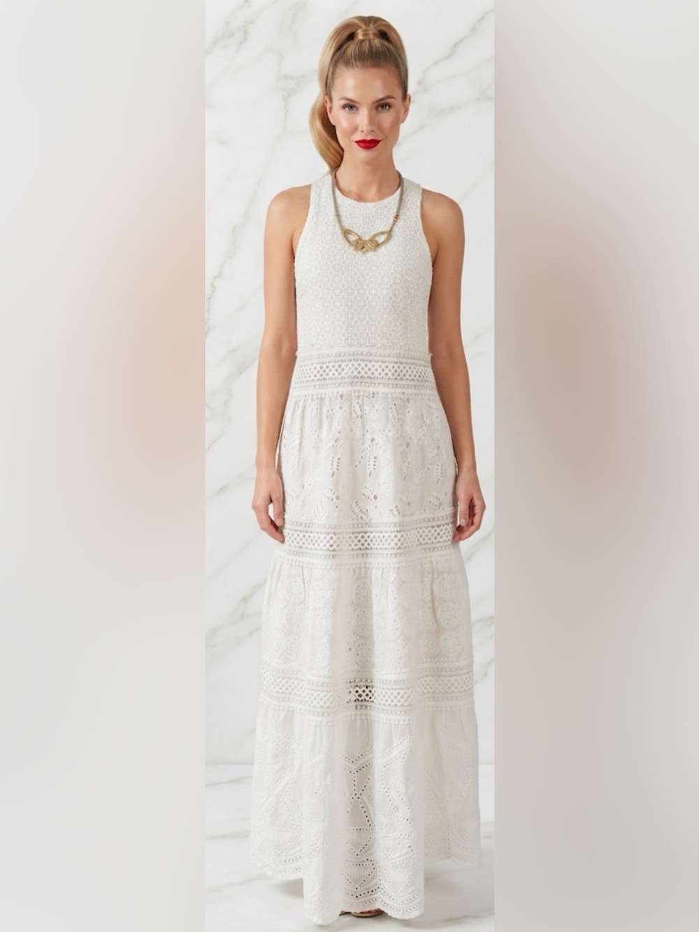 Sundance ivory white Eyelet Crochet Tiered Maxi Dress sleeveless size PS